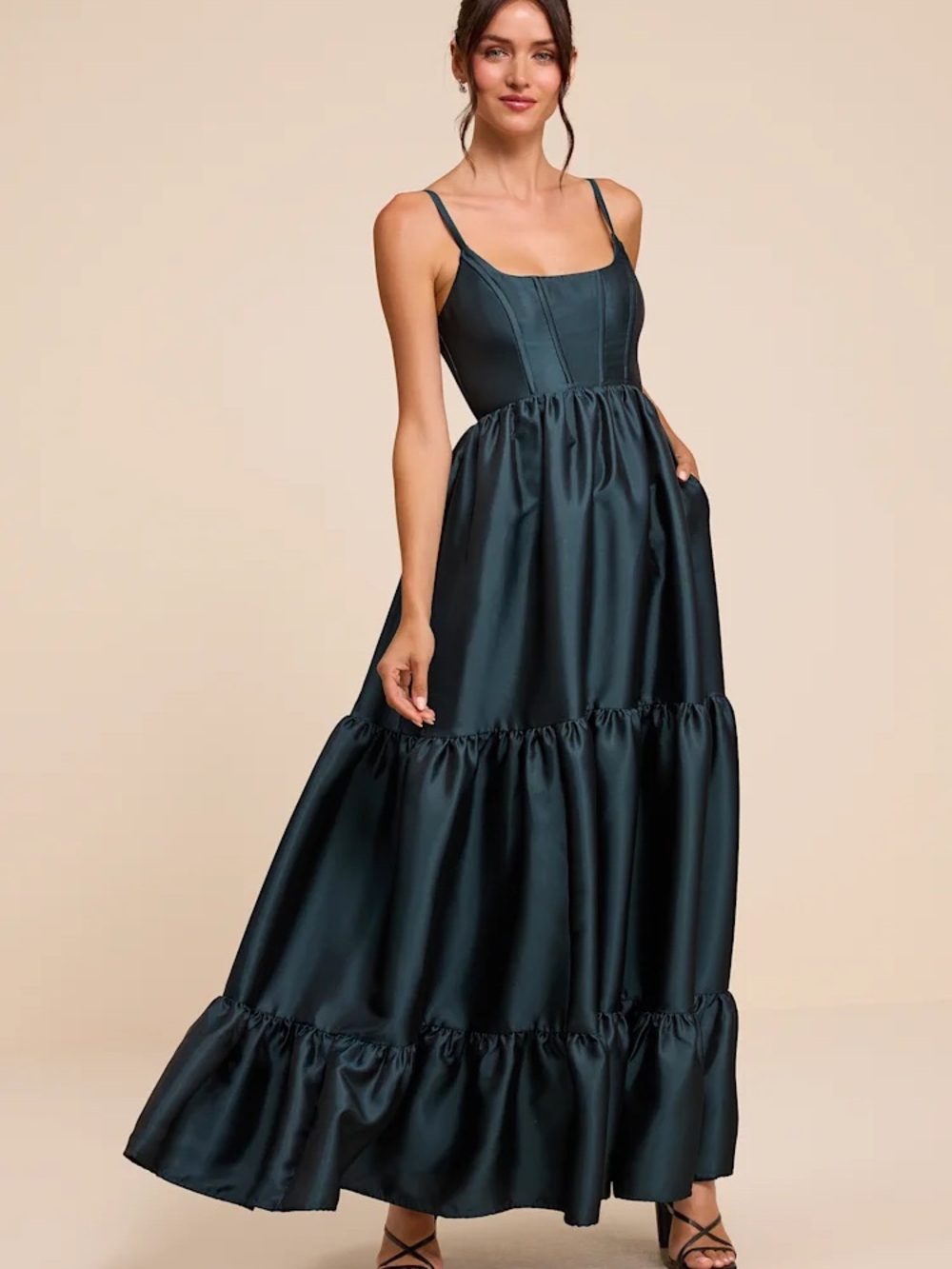 Lulu's Satin Tiered Maxi Dress in Deep Teal NWT